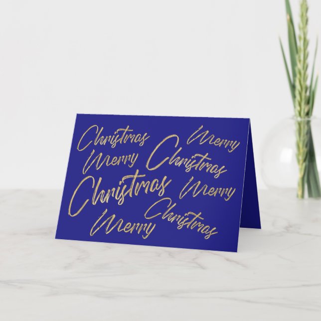 Merry Christmas Faux Gold Foil and Blue Holiday Card (Front)