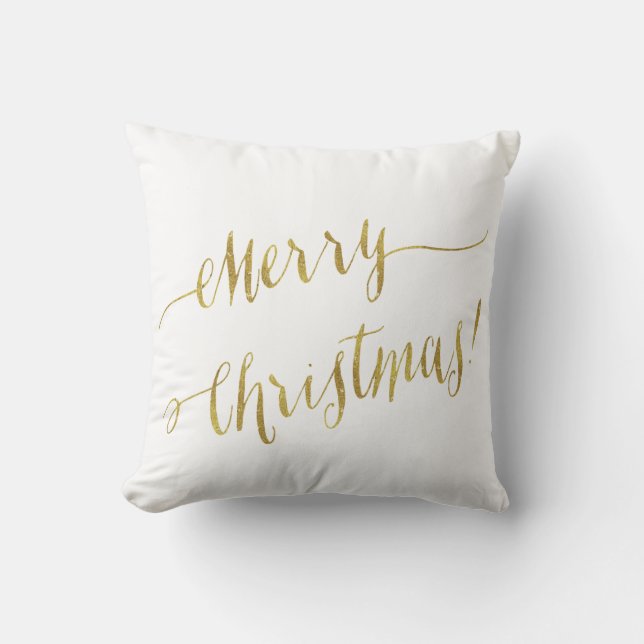 Merry Christmas Faux Gold Foil Script Lettering Cushion (Front)
