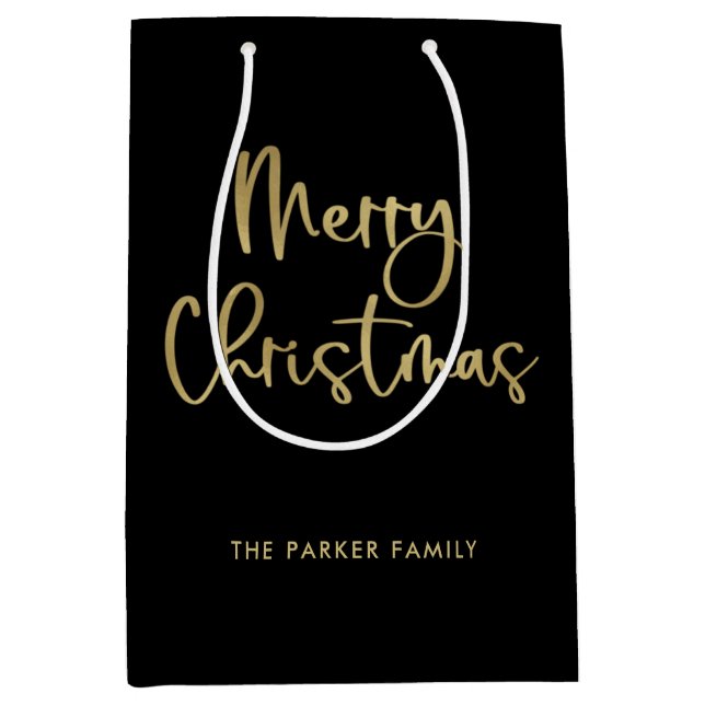 Merry Christmas | Faux Gold on Black Casual Script Medium Gift Bag (Front)