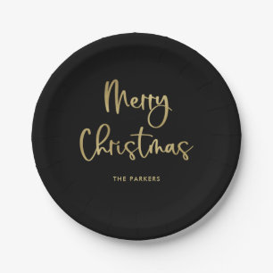 Merry Christmas Faux Gold on Black Casual Script Paper Plate