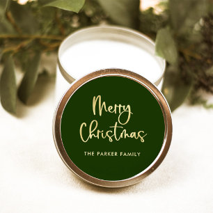 Merry Christmas   Faux Gold on Green Casual Script Classic Round Sticker