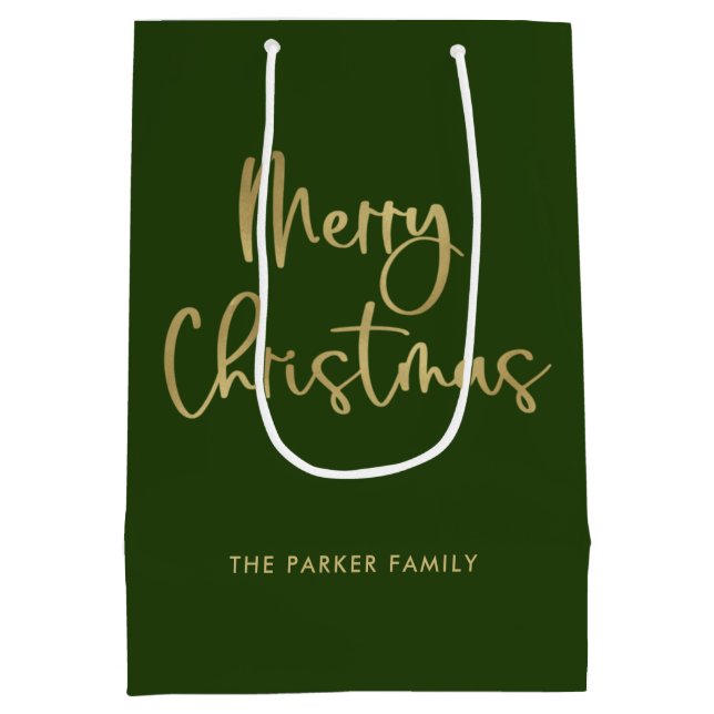 Merry Christmas | Faux Gold on Green Casual Script Medium Gift Bag (Back)