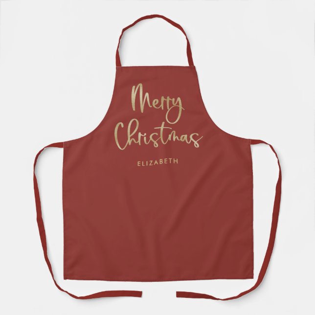 Merry Christmas | Faux Gold on Red Casual Script Apron (Front)