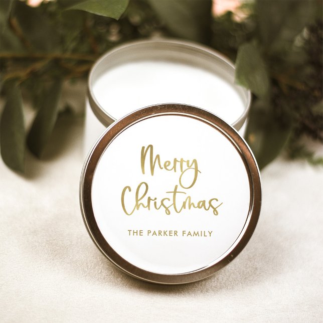Merry Christmas | Faux Gold on White Casual Script Classic Round Sticker (An elegant Christmas sticker with faux gold script on white)