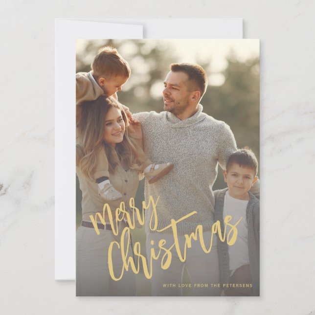 Merry Christmas faux gold script photo Holiday Card (Front)