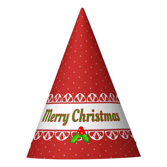 Merry Christmas, Faux White Lace, Polka Dot Red Party Hat (Front)
