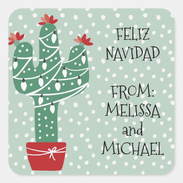 Merry Christmas | Feliz Navidad Cactus Square Sticker (Front)