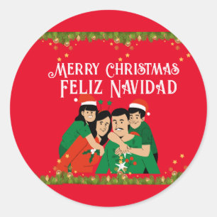 MERRY CHRISTMAS FELIZ NAVIDAD CARD CLASSIC ROUND STICKER