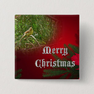 Merry Christmas Female Cardinal Songbird 15 Cm Square Badge