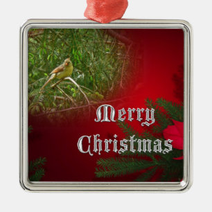 Merry Christmas Female Cardinal Songbird Metal Tree Decoration