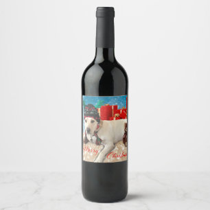 Merry Christmas Festive Cute Dog with Antlers Wine Label