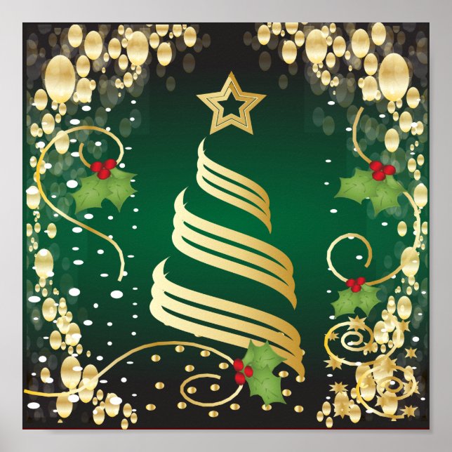 Merry Christmas Festive Dark Green and Gold Poster (Front)