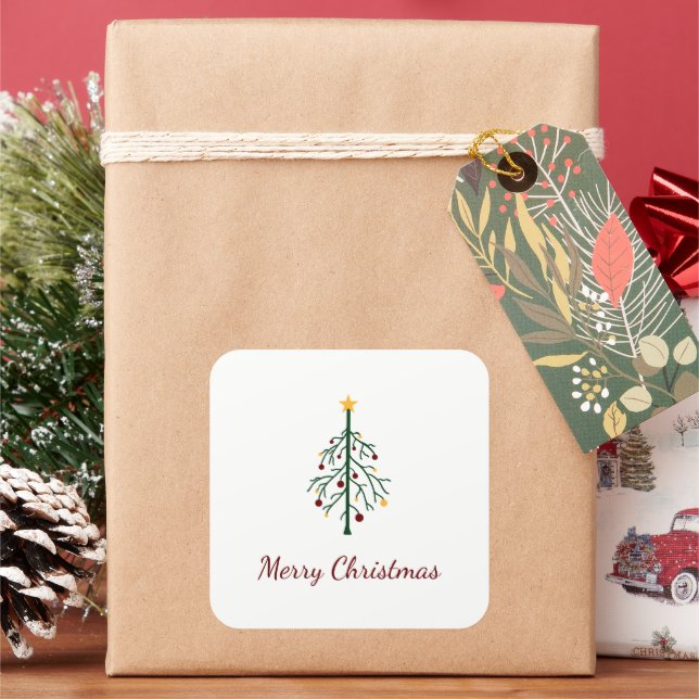 Merry Christmas Festive Evergreen Tree  Square Sticker (Holiday)