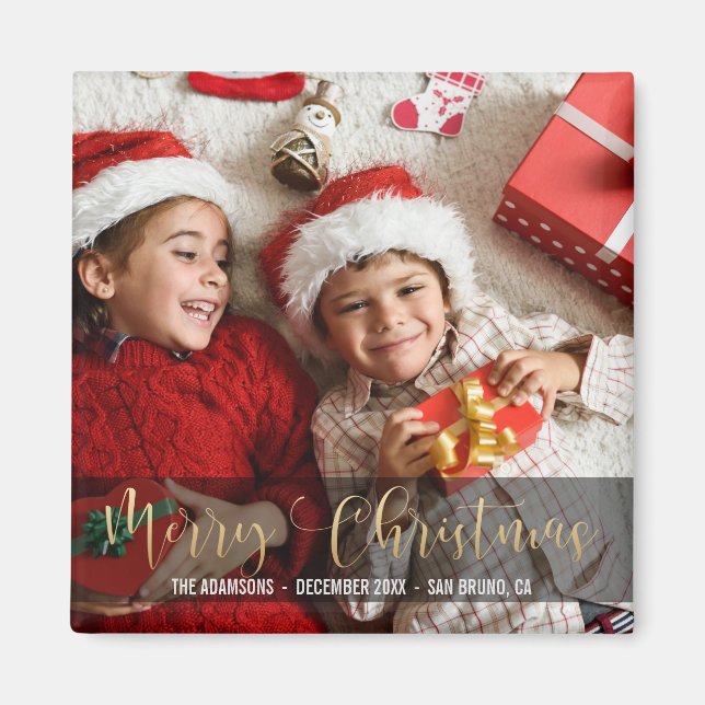 Merry Christmas | Festive Gold Typography Photo Magnet (Front)
