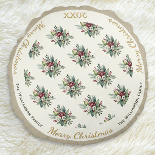 Merry Christmas Festive Holiday Watercolor Floral Round Cushion