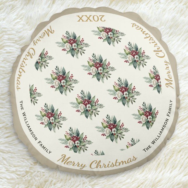 Merry Christmas Festive Holiday Watercolor Floral Round Cushion (An elegant round pillow with 'Merry Christmas' words, floral pattern and customizable name and year)