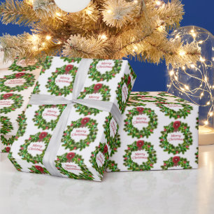 Merry Christmas Festive Holiday Wreath Pattern Wrapping Paper