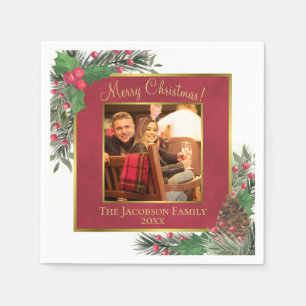 Merry Christmas Festive Holly Berries & Pine Photo Napkin