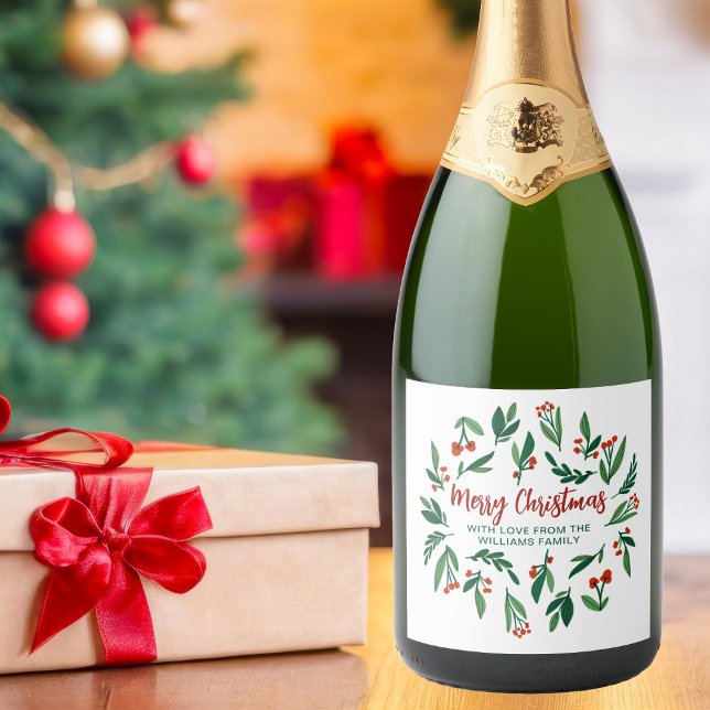 Merry Christmas Festive Holly Berry Personalised Sparkling Wine Label (Creator Uploaded)