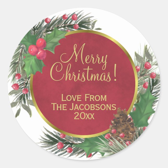 Merry Christmas! Festive Holly & Pine Holiday Classic Round Sticker (Front)