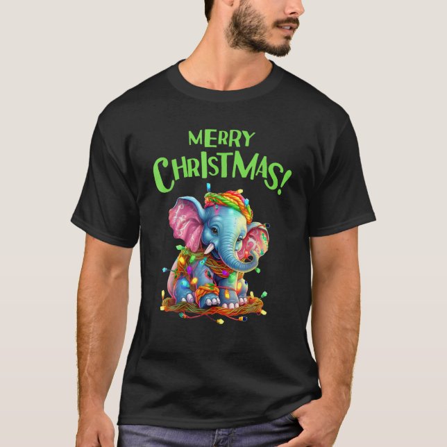 Merry Christmas Festive Lights Cute Elephant T-Shirt (Front)