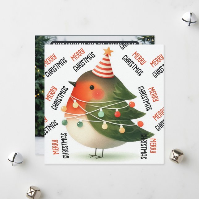 Merry Christmas Festive lights robin tree Holiday Card (Front/Back In Situ)