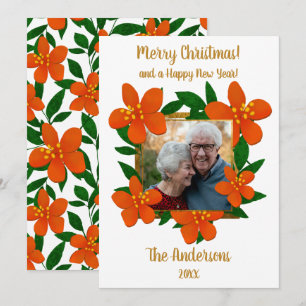 Merry Christmas Festive Orange Red Florals Photo Holiday Card