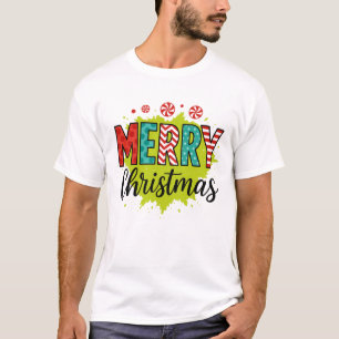 Merry Christmas Festive Patterned Typography Art T-Shirt