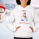 Merry Christmas Festive Personalised Snowman<br><div class="desc">This cute and festive Christmas hoodie features a watercolor-style picture of a cheerful snowman,  with 'Merry Christmas' greeting in red script typography. Add the recipient's name to the design (click 'Personalise' to enter the name you would like). The 'Merry Christmas' greeting also appears on the back of the hoodie.</div>