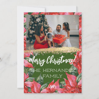 Merry Christmas Festive Poinsettia Family Photo   Holiday Card