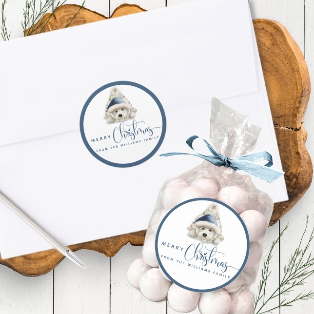 Merry Christmas, Festive Puppy, Blue and White Classic Round Sticker (Creator Uploaded)