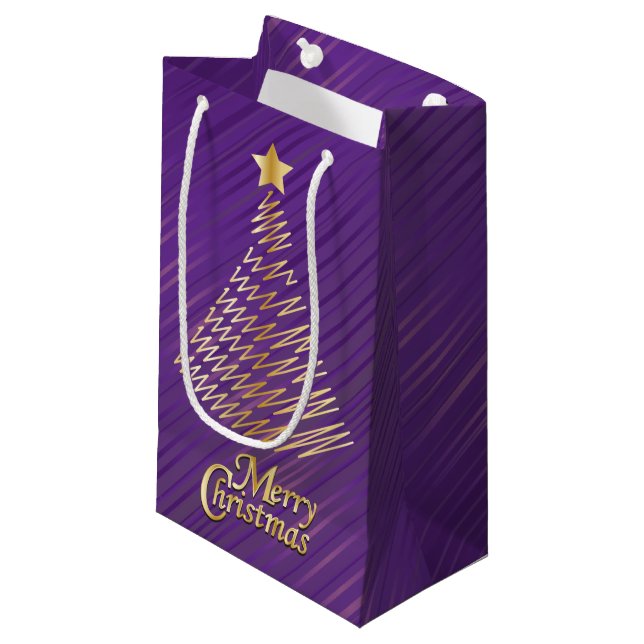 Merry Christmas Festive Purple and Gold Tree Small Gift Bag (Front Angled)