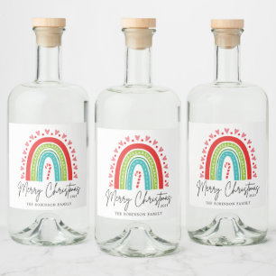Merry Christmas Festive Rainbow Candy Cane Heart Liquor Bottle Label