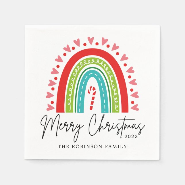 Merry Christmas Festive Rainbow Candy Cane Heart Napkin (Front)