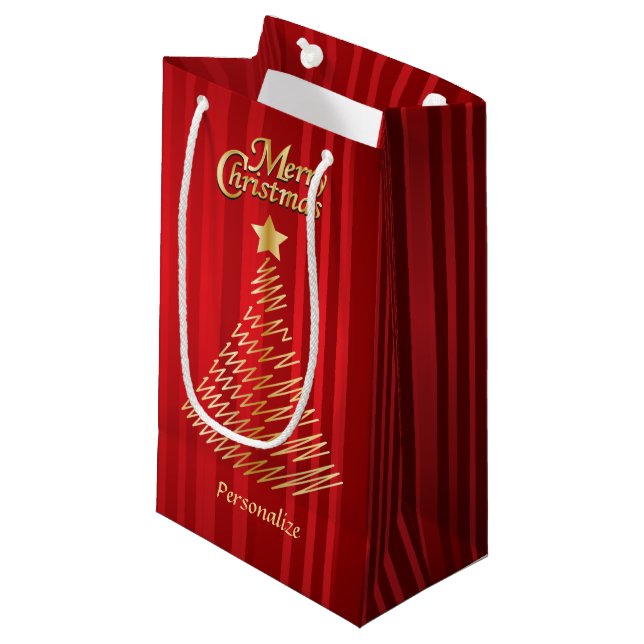 Merry Christmas Festive Red and Gold Tree Small Gift Bag (Front Angled)
