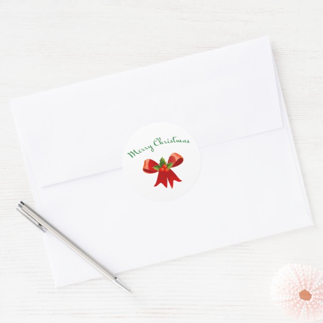 Merry Christmas Festive Red Bow Round Sticker (Envelope)