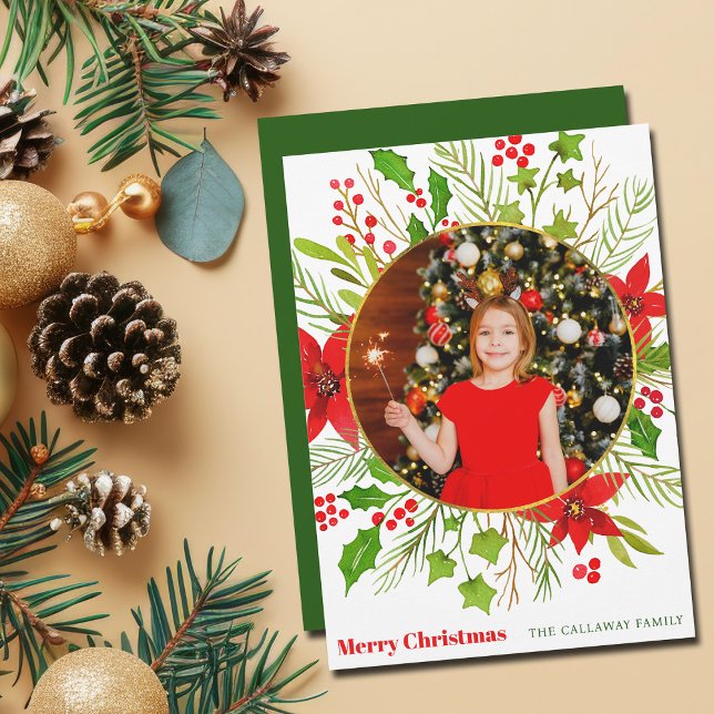 Merry Christmas Festive Red Poinsettia Kids Photo Holiday Card (Creator Uploaded)