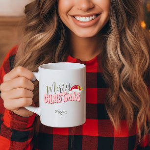 Merry Christmas Festive Retro Pink Red Add Name Coffee Mug
