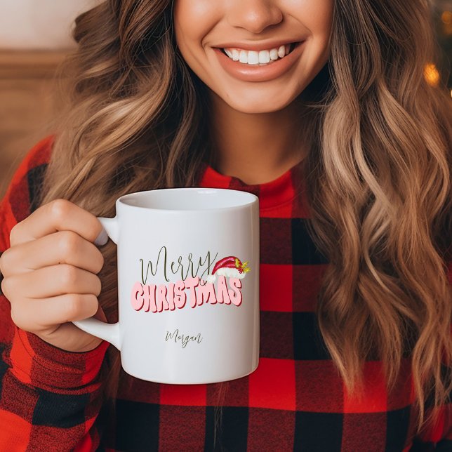 Merry Christmas Festive Retro Pink Red Add Name    Coffee Mug (Fun retro inspired Merry Christmas mug, personalized with your name original art by Malissa Melrose)