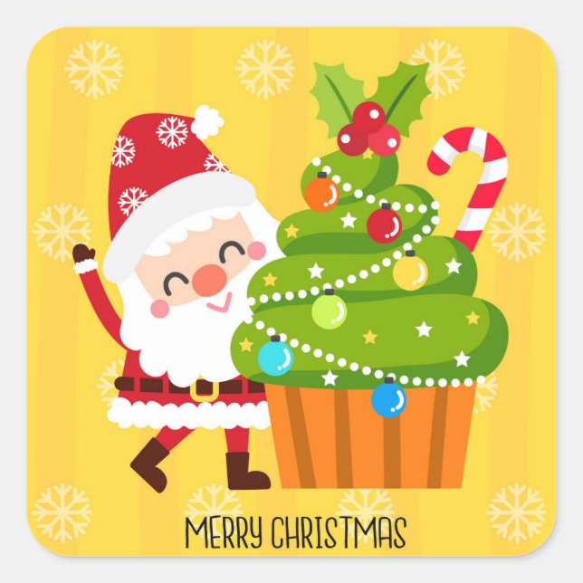 Merry Christmas Festive Santa Cupcake Square Sticker (Front)