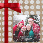 Merry Christmas Festive Sparkles Photo Overlay Square Sticker<br><div class="desc">These festive Christmas stickers are simple,  elegant and fun. They feature your full frame photo surrounded by white glitter,  sparkles,  or stars with the caption: merry Christmas written in elegant script lettering. There is space for a short note or signature. Use as gift tags or envelope seals.</div>