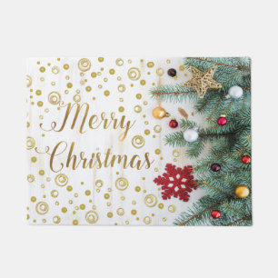 Merry Christmas Festive Tree Gold Circles Doormat