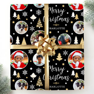 Merry Christmas Festive Trees Photo Name Black Wrapping Paper