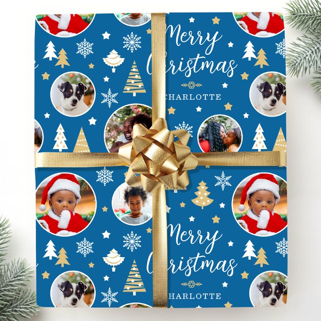Merry Christmas Festive Trees Photo Name Blue Wrapping Paper (Creator Uploaded)
