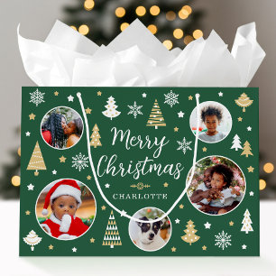 Merry Christmas Festive Trees Photo Name Green Large Gift Bag