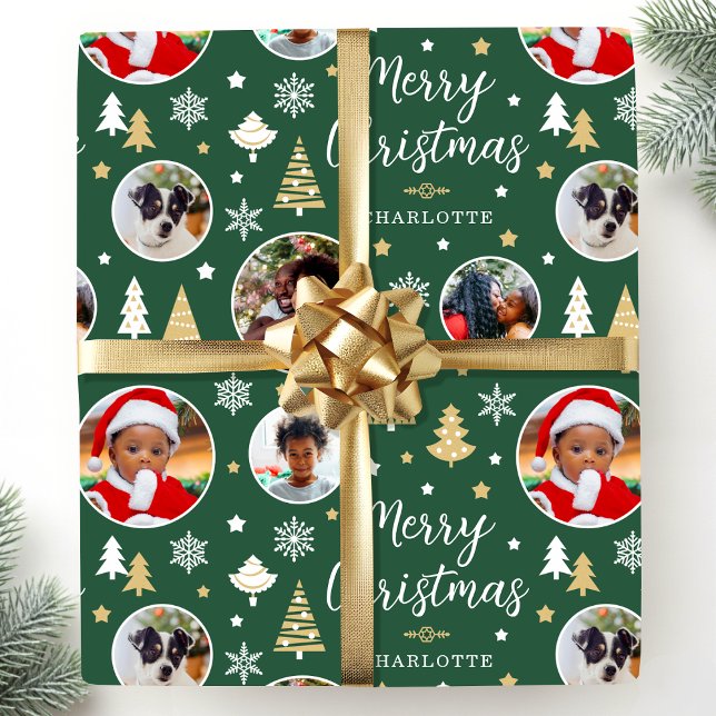 Merry Christmas Festive Trees Photo Name Green Wrapping Paper (Creator Uploaded)