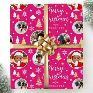 Merry Christmas Festive Trees Photo Name Pink Wrapping Paper
