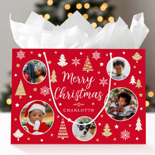 Merry Christmas Festive Trees Photo Name Red Large Gift Bag