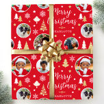 Merry Christmas Festive Trees Photo Name Red Wrapping Paper<br><div class="desc">Make your holiday gifts extra special with custom photo wrapping paper! This editable template is personalized with five of your favorite photos, and the recipient's name, your family name, or the holiday year. An elegant design with circle-shaped picture frames, set against a patterned background. It features "Merry Christmas" in script...</div>