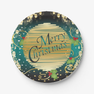 Merry Christmas Festive Turquoise Blue and Gold Paper Plate